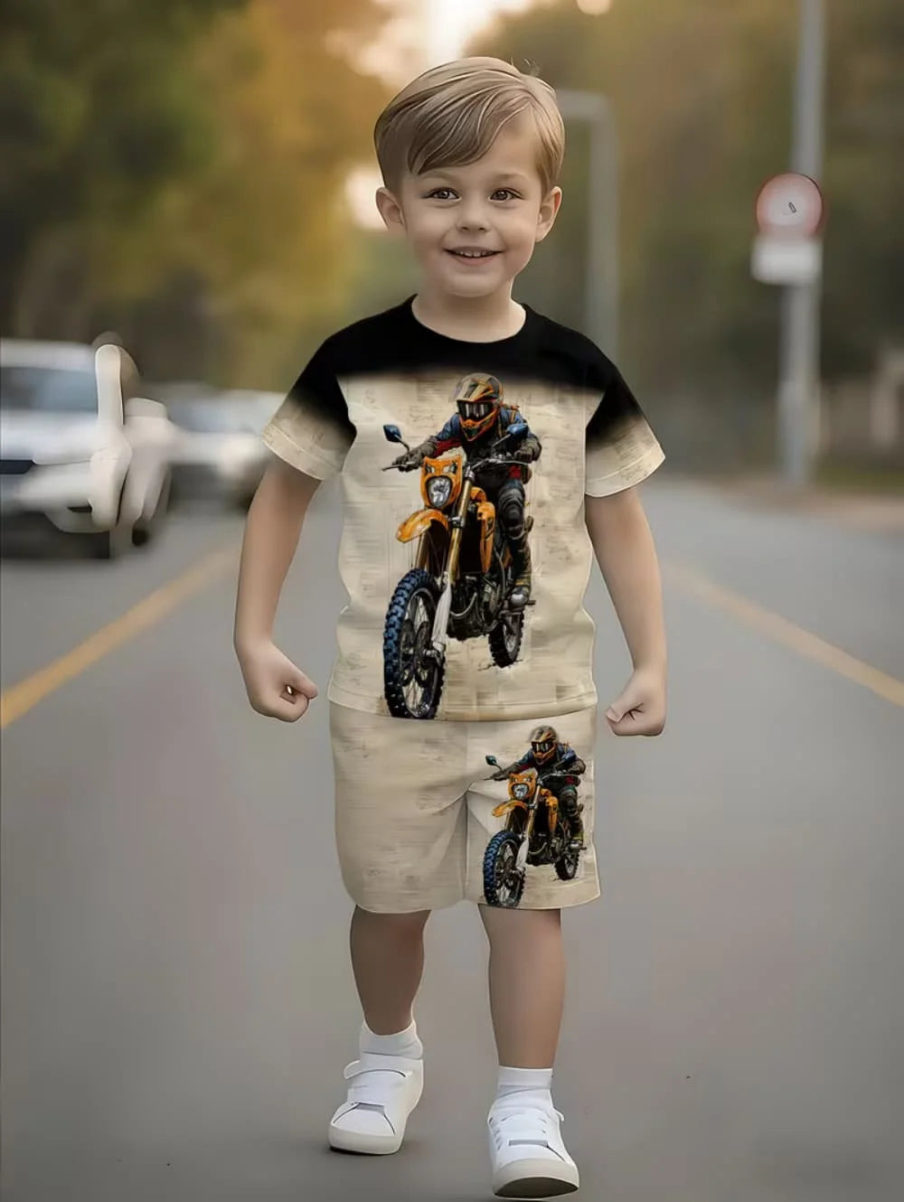 Summer Boys Clothes Children Cartoon Car Print T-Shirt+shorts Boys Child Round Neck Tees Loose Simple Shorts Trendy Costume Suit