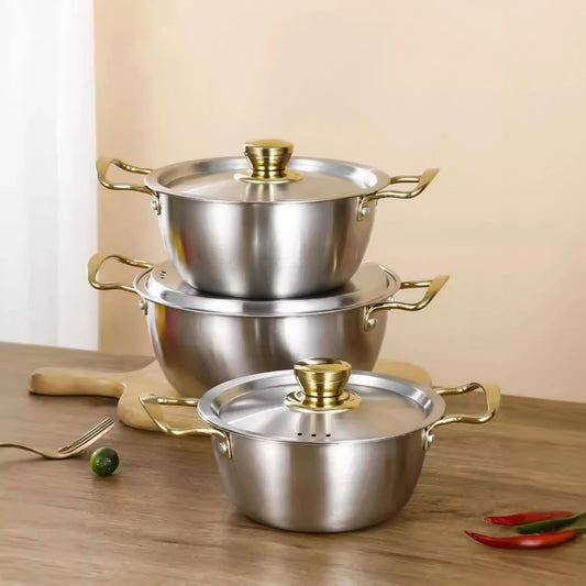 Three-Piece Stainless Steel Cookware Set 18/20/22cm Korean Double-Eared Soup Pot Japanese Hot Pot with Double Handles Durable Ki