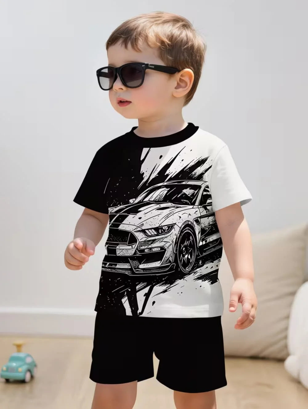 Summer Boys Clothes Children Cartoon Car Print T-Shirt+shorts Boys Child Round Neck Tees Loose Simple Shorts Trendy Costume Suit