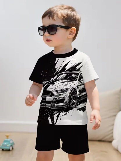 Summer Boys Clothes Children Cartoon Car Print T-Shirt+shorts Boys Child Round Neck Tees Loose Simple Shorts Trendy Costume Suit
