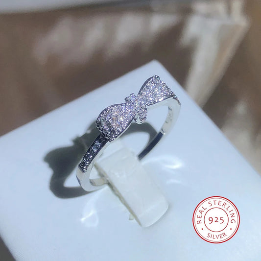New Exquisite White Zirconia Bow Ring Sweet And Simple Party Birthday Gift 925 Stamp Fashion Jewelry Wholesale