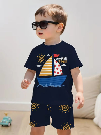 Summer Boys Clothes Children Cartoon Car Print T-Shirt+shorts Boys Child Round Neck Tees Loose Simple Shorts Trendy Costume Suit