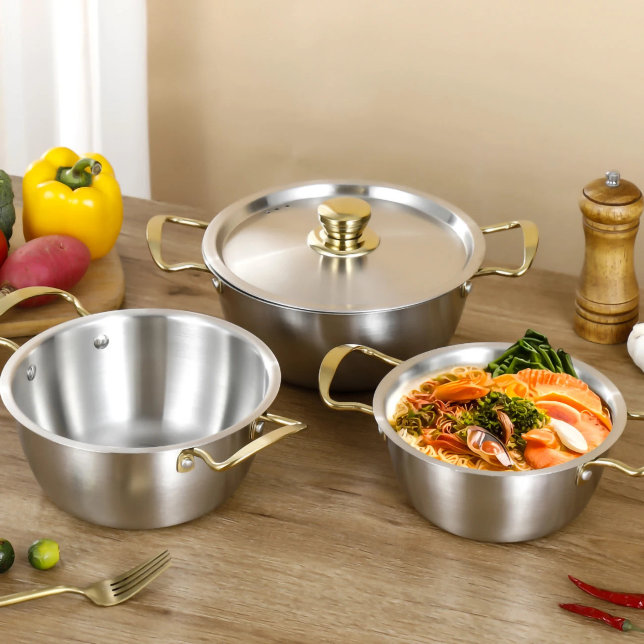 Three-Piece Stainless Steel Cookware Set 18/20/22cm Korean Double-Eared Soup Pot Japanese Hot Pot with Double Handles Durable Ki