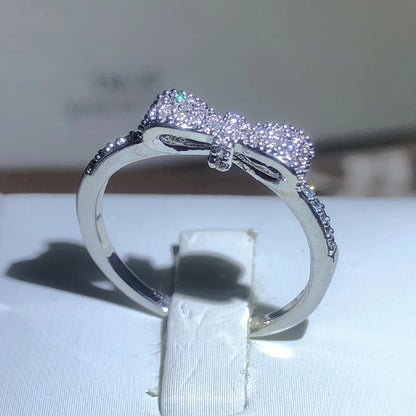 New Exquisite White Zirconia Bow Ring Sweet And Simple Party Birthday Gift 925 Stamp Fashion Jewelry Wholesale