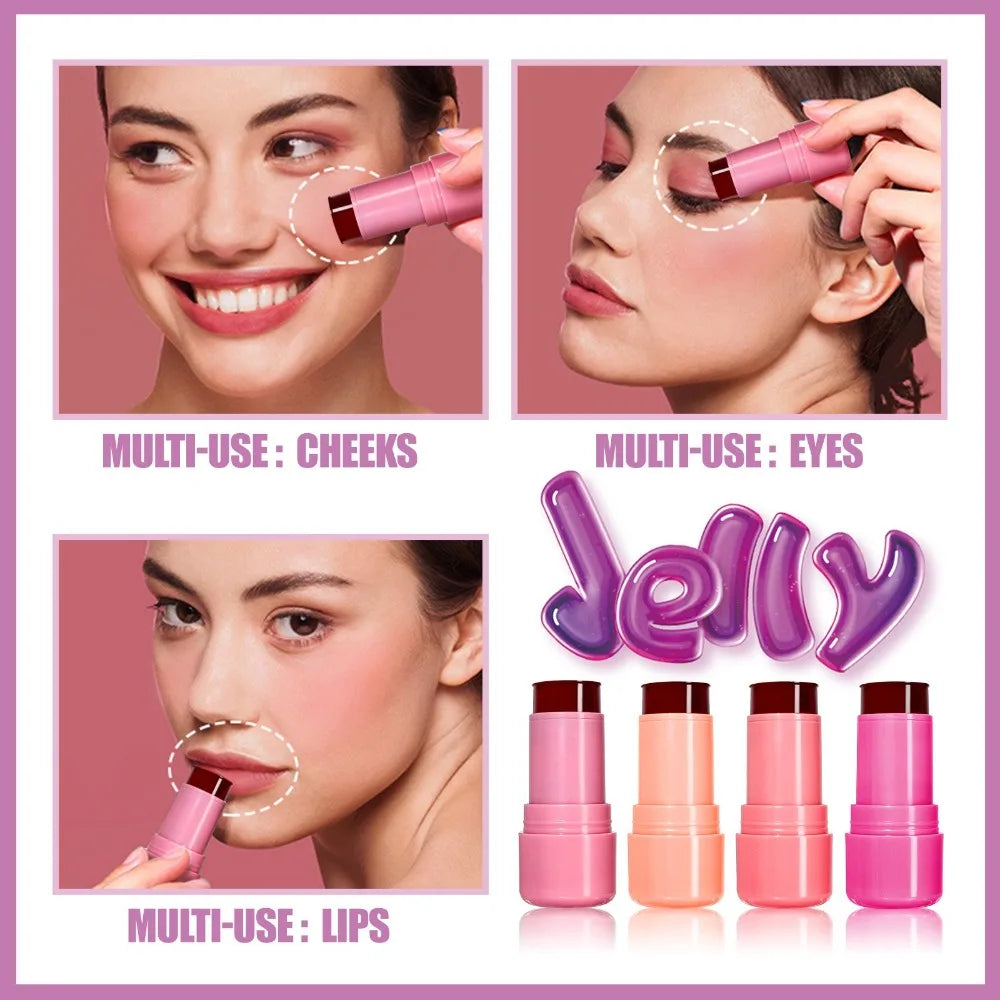 Jelly Blush Stick Makeup Water Moisturizing Long Lasting Translucent Gel Blusher Stick Lip Cheek Eyes 3 in 1 Multi-use Sticks