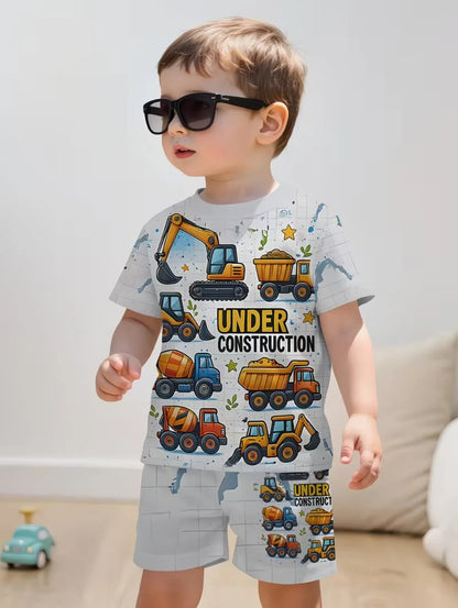 Summer Boys Clothes Children Cartoon Car Print T-Shirt+shorts Boys Child Round Neck Tees Loose Simple Shorts Trendy Costume Suit