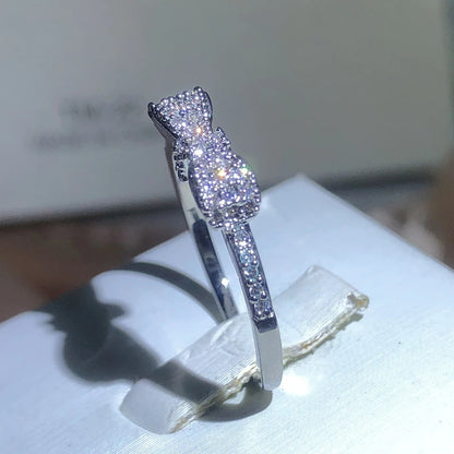 New Exquisite White Zirconia Bow Ring Sweet And Simple Party Birthday Gift 925 Stamp Fashion Jewelry Wholesale