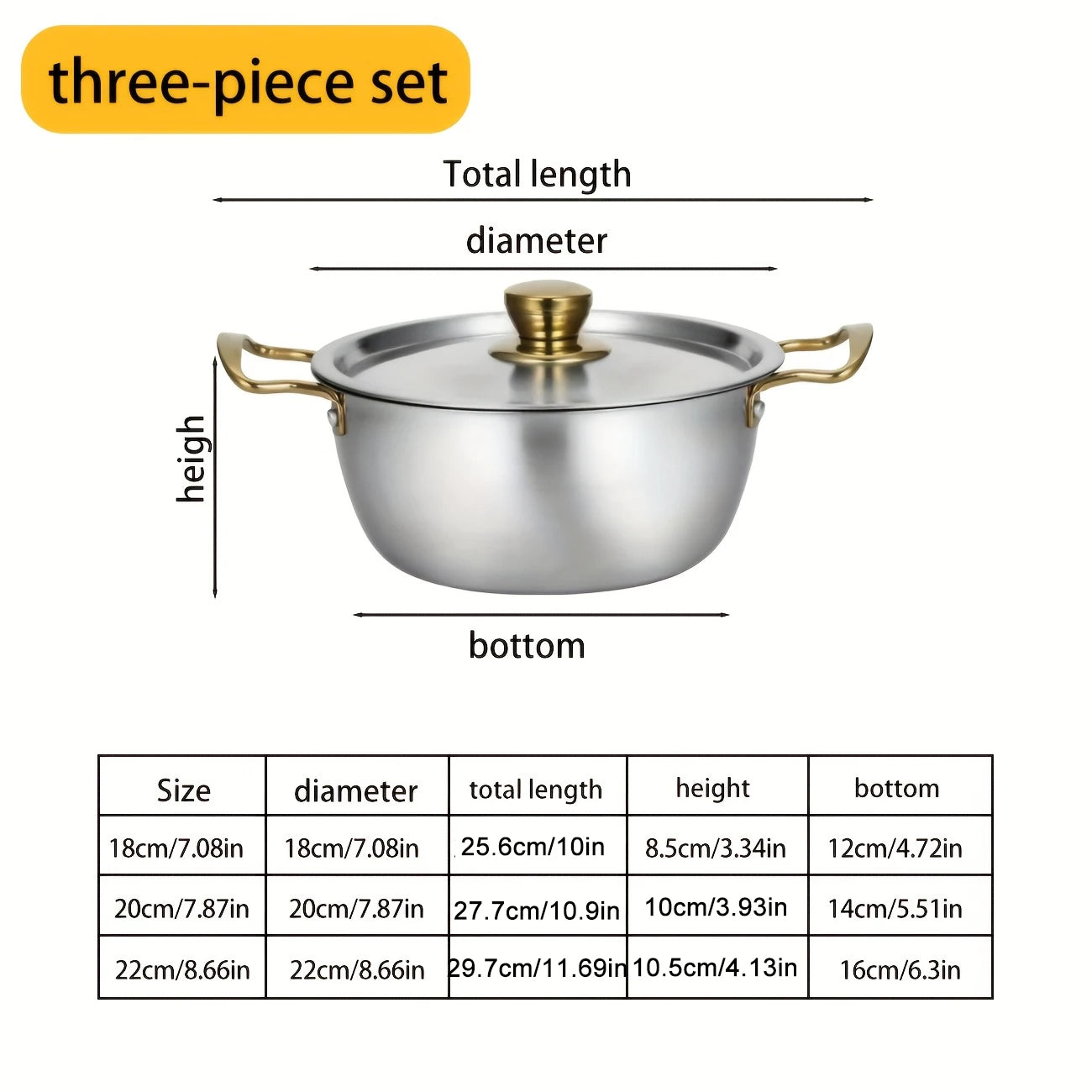Three-Piece Stainless Steel Cookware Set 18/20/22cm Korean Double-Eared Soup Pot Japanese Hot Pot with Double Handles Durable Ki