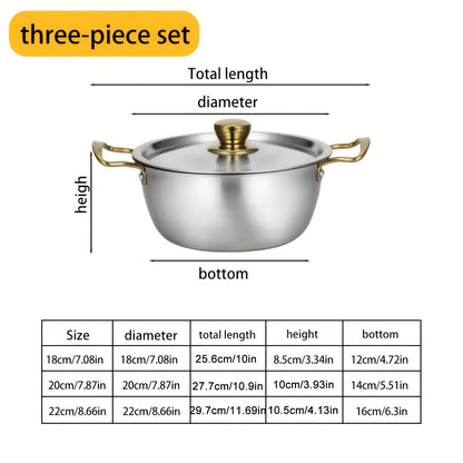 Three-Piece Stainless Steel Cookware Set 18/20/22cm Korean Double-Eared Soup Pot Japanese Hot Pot with Double Handles Durable Ki