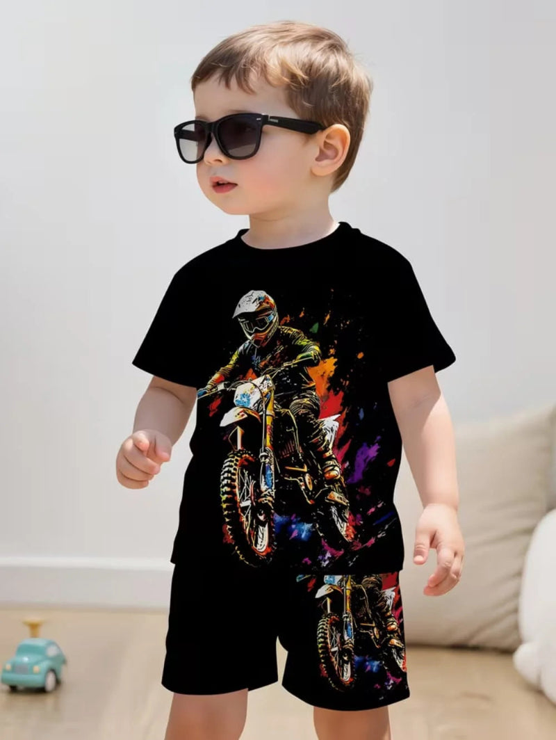Summer Boys Clothes Children Cartoon Car Print T-Shirt+shorts Boys Child Round Neck Tees Loose Simple Shorts Trendy Costume Suit