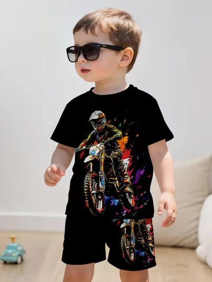Summer Boys Clothes Children Cartoon Car Print T-Shirt+shorts Boys Child Round Neck Tees Loose Simple Shorts Trendy Costume Suit