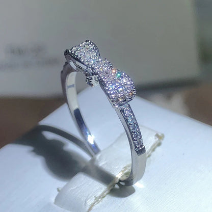 New Exquisite White Zirconia Bow Ring Sweet And Simple Party Birthday Gift 925 Stamp Fashion Jewelry Wholesale