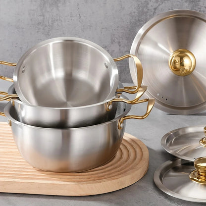 Three-Piece Stainless Steel Cookware Set 18/20/22cm Korean Double-Eared Soup Pot Japanese Hot Pot with Double Handles Durable Ki