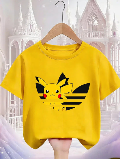 Street Cartoon Pikachu T Shirt 3-14Y Boys Girls Summer Cute Kawaii Fashion Hot Casual Crew Neck Children