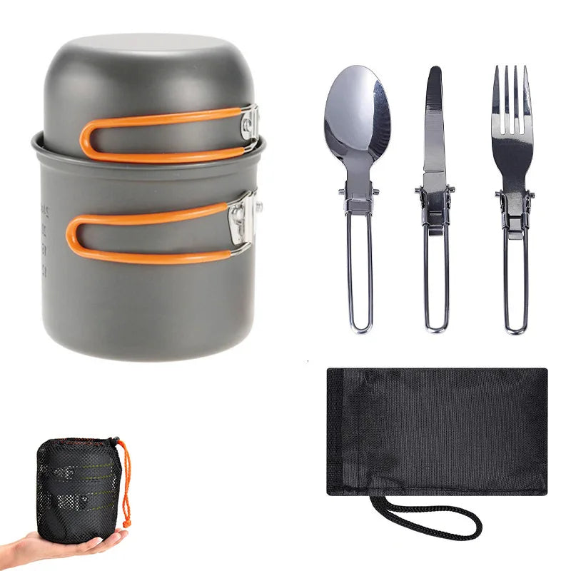 5-Piece Cooker Set with Meal Knives and ForksOutdoor Pot Set with Storage Bag 1-2 People, Portable Camping Cooker